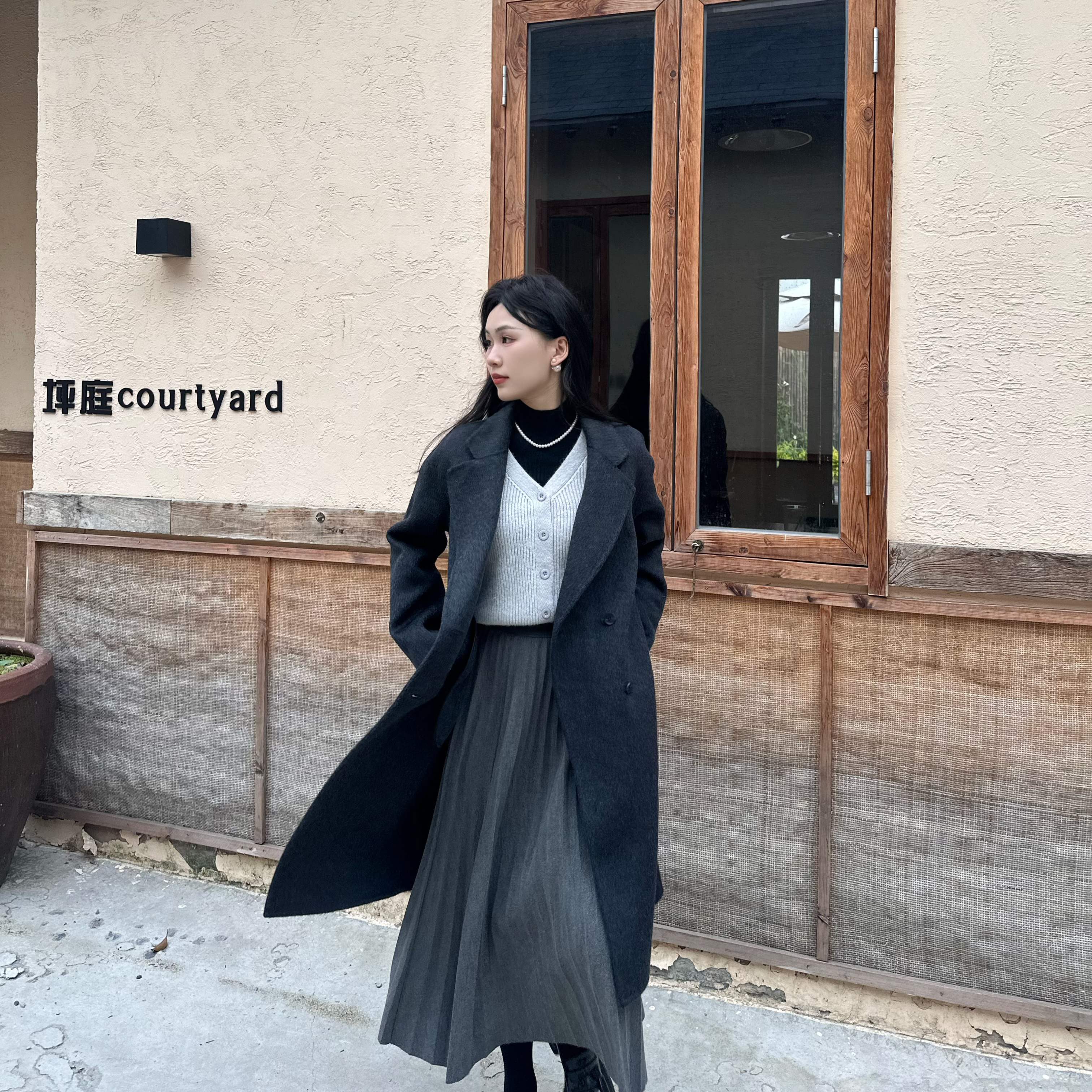 经典双排扣慵懒风韩版毛呢大衣春秋冬慵懒大衣女中长款宽松