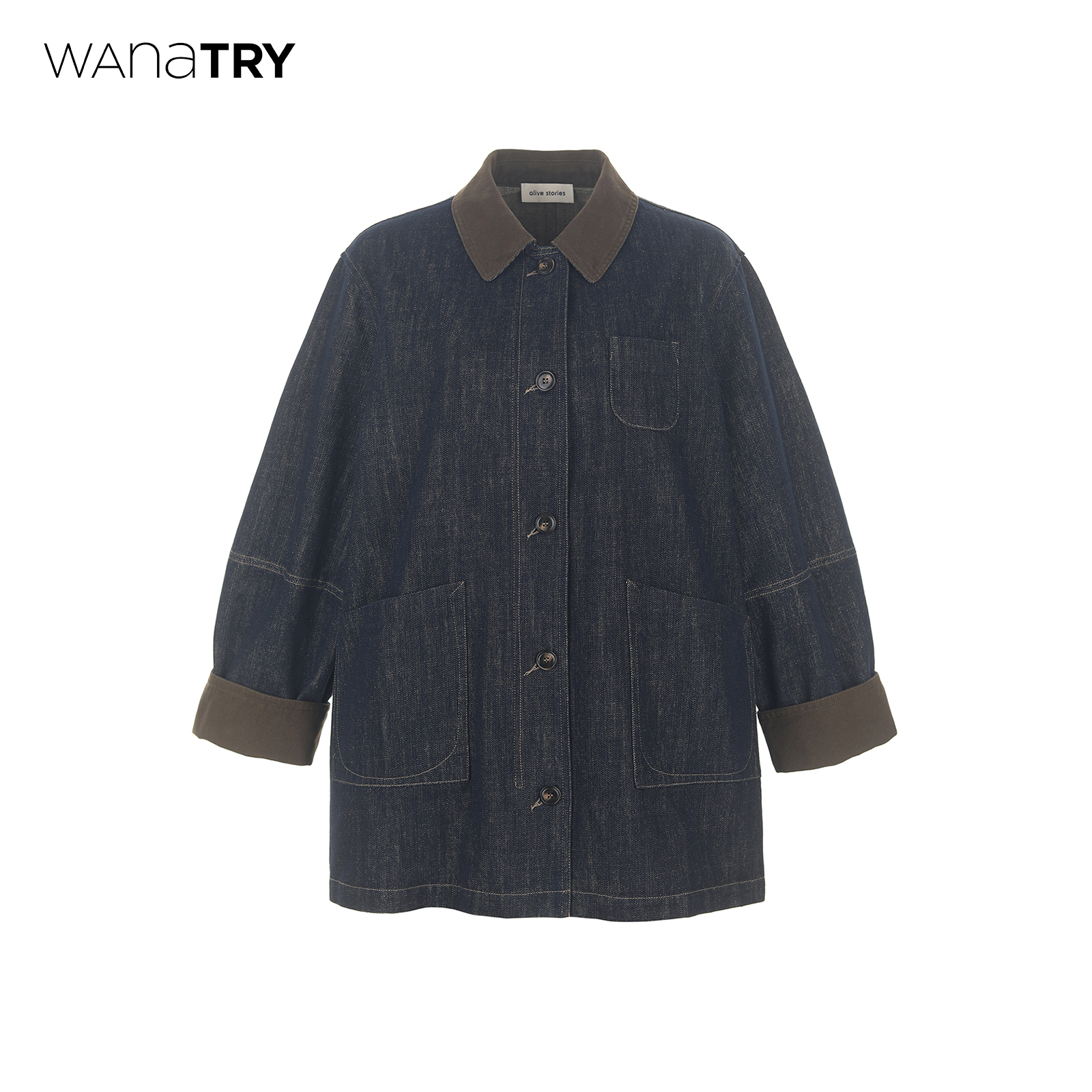 【自播专享】wana try深蓝色复古撞色翻领牛仔外套