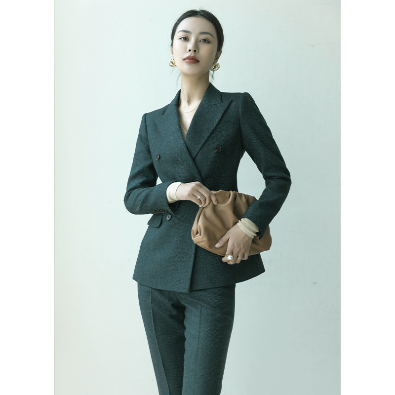 秋冬羊毛墨绿人字纹双排扣修身西装套装女