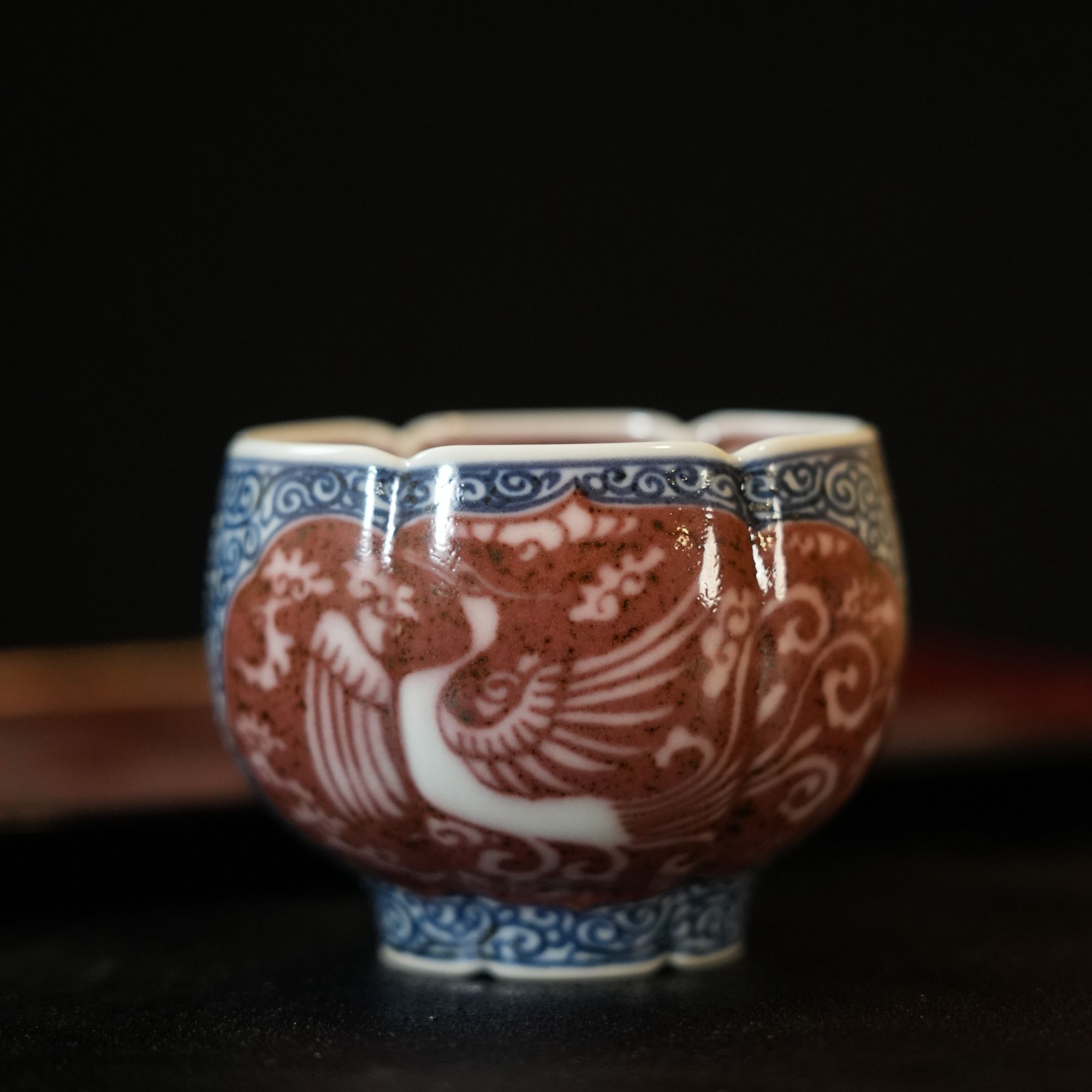  【雲梦】畅怀堂-青花釉里红太阳鸟六方玉兰杯