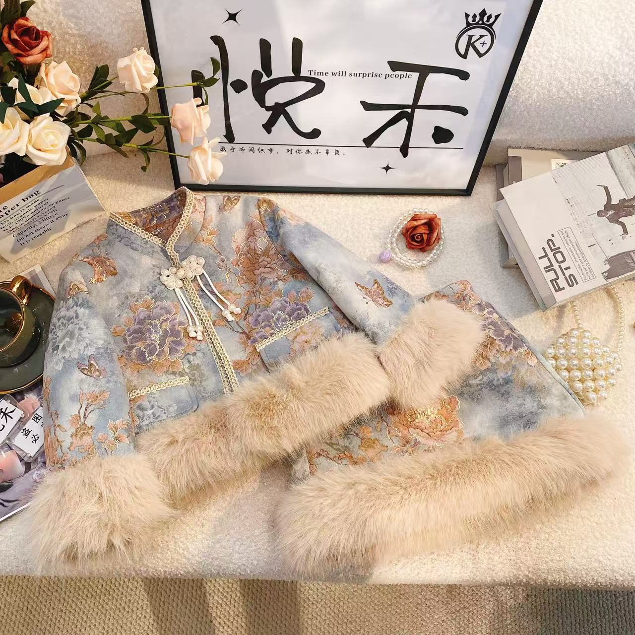 Y3【悦禾】儿童萌娃冬装新款加绒蝶恋暖冬国风拼接毛感重工套装6456