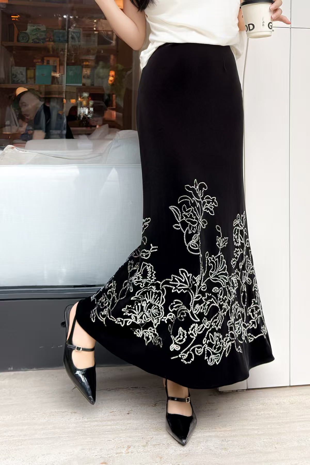 裙子鱼尾裙半裙黑色中国风半身裙中长款绣花显瘦高腰