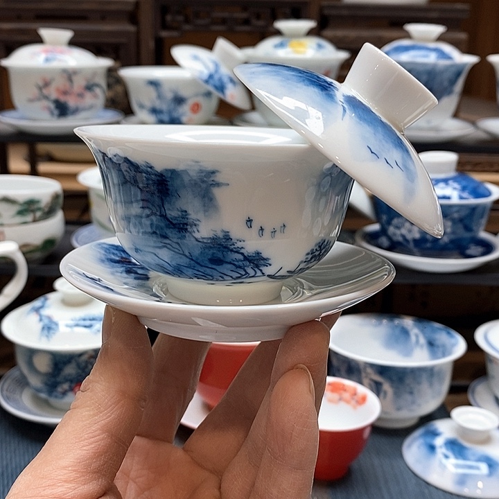 手绘微瑕水乡盖碗