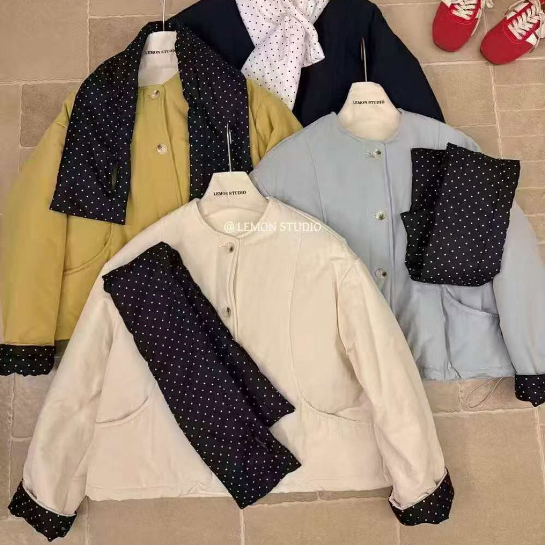 2025冬款韩系波点撞色设计圆领棉外套超级百搭保暖棉服外套配围巾