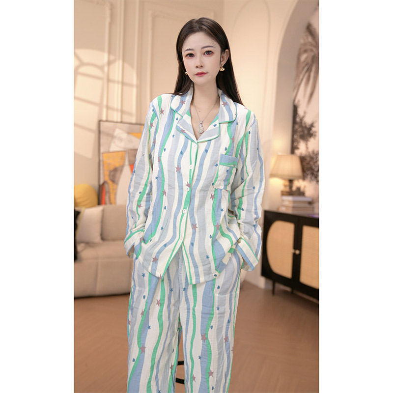新品！纯棉睡衣女春秋季多巴胺星星条纹长袖长裤全棉家居服套装