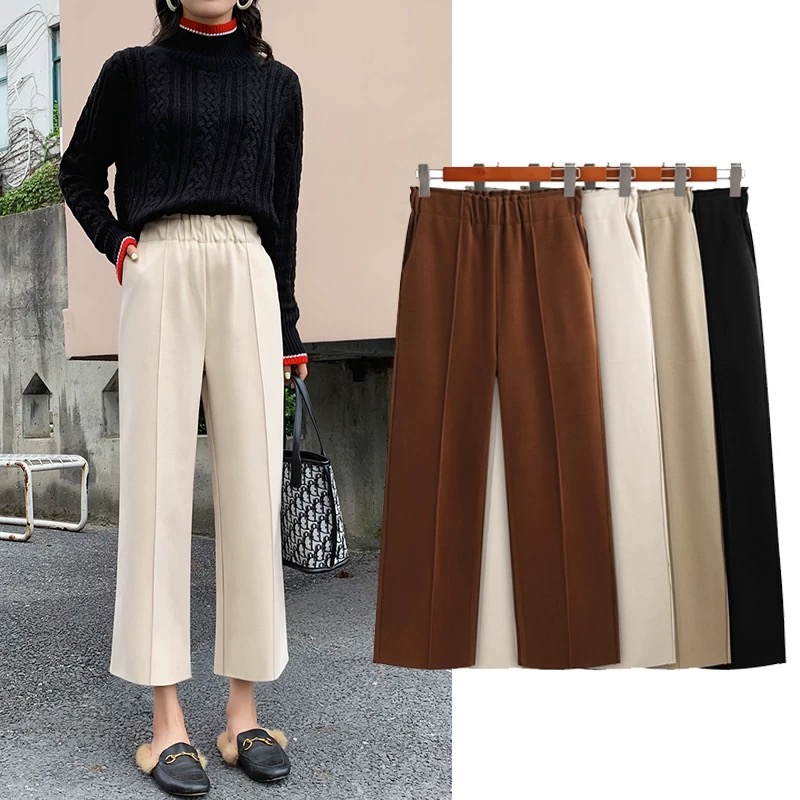 1986#秋冬新款小个子九分chic奶奶裤时尚高腰直筒毛呢阔腿长裤子