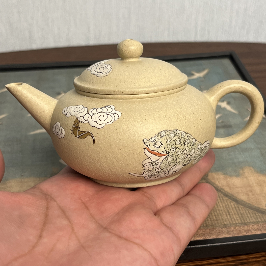宜兴原矿紫砂水平壶半手工制作150cc泥绘款内推孔出水本山绿泥