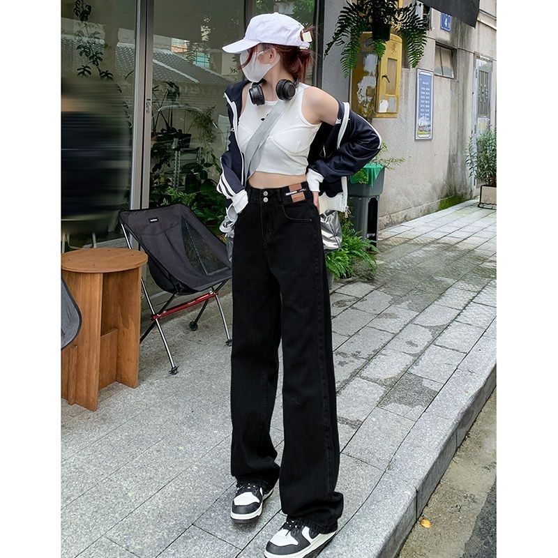 港风高腰双扣阔腿牛仔裤女春秋季新款宽松显瘦拖地休闲直筒牛仔裤