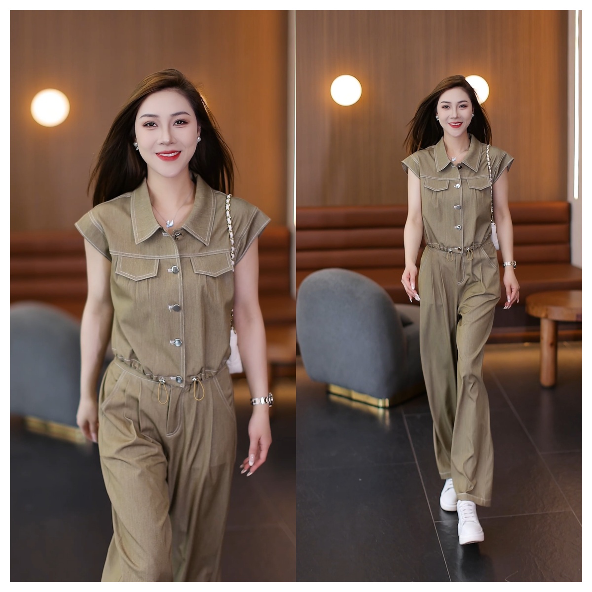 夏季时尚牛仔休闲气质套装女士小个子洋气遮肉短袖阔腿裤两件套