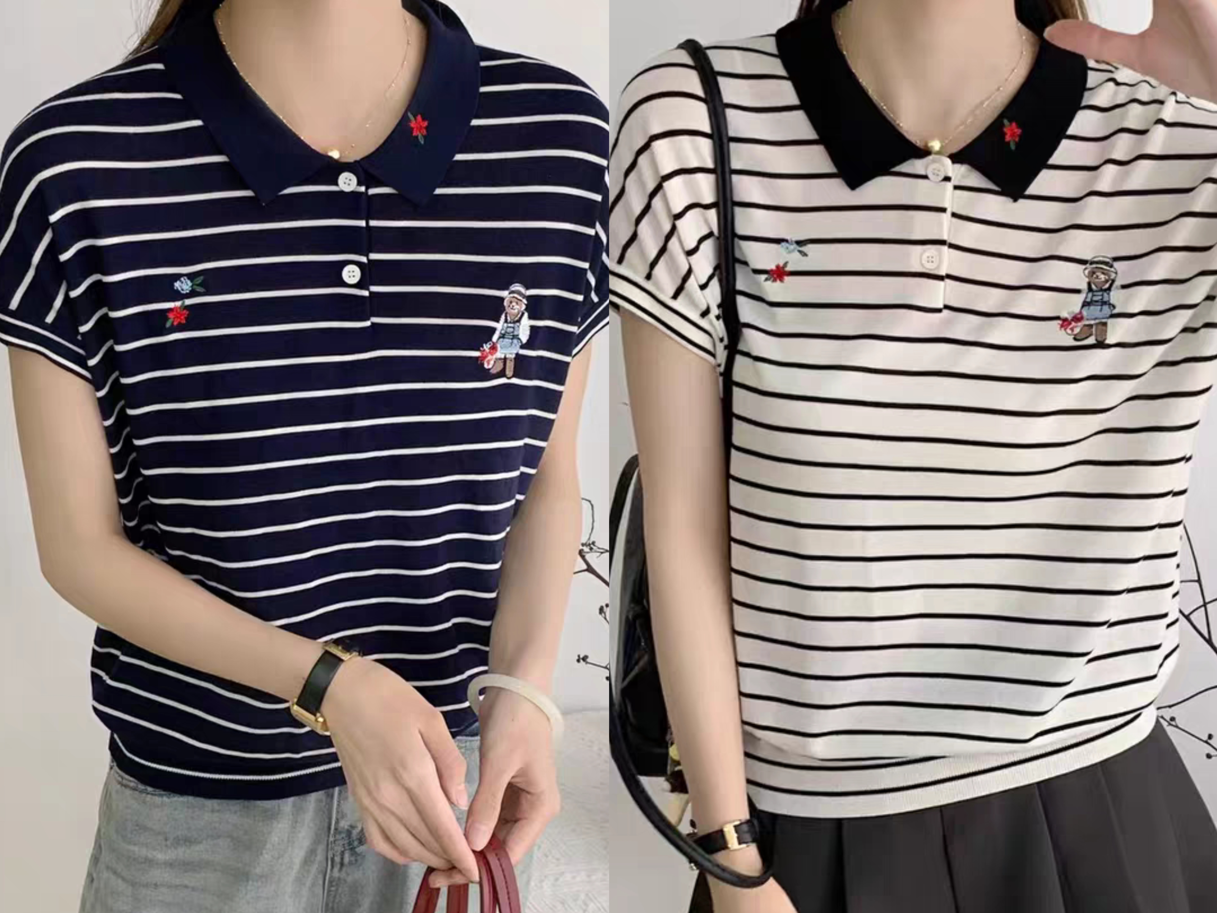 红姐严选条纹翻领小熊刺绣莱赛尔针织衫31741