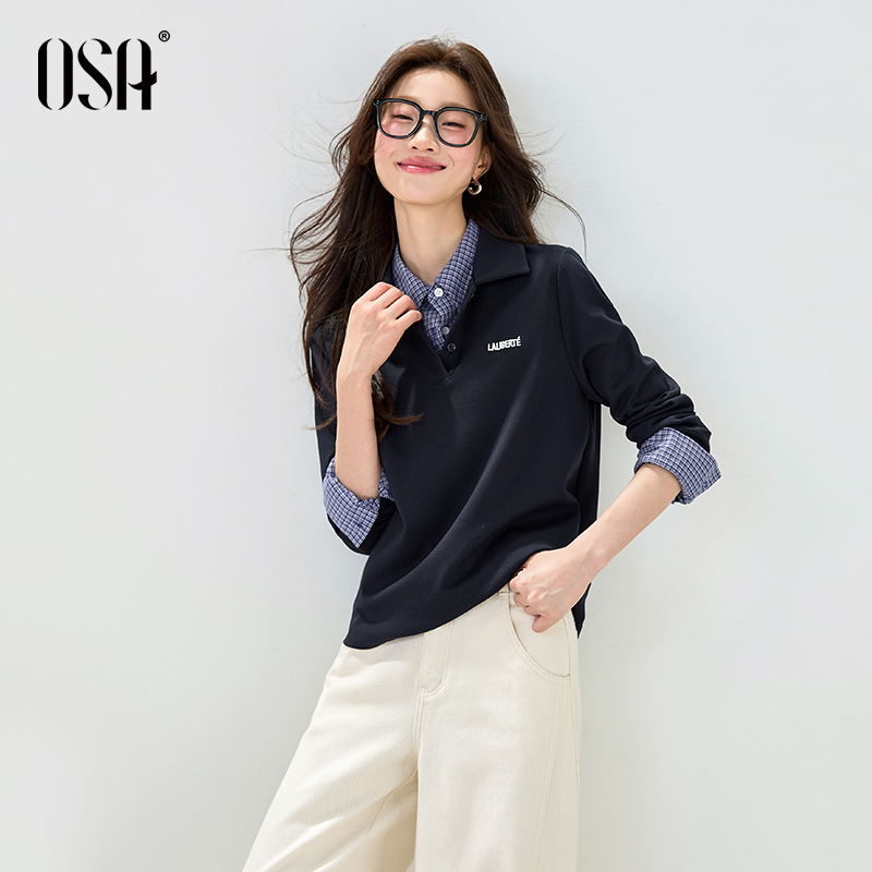 OSA/欧莎 U系翻领长袖T恤女通勤休闲叠穿打底衫上衣S125C32007