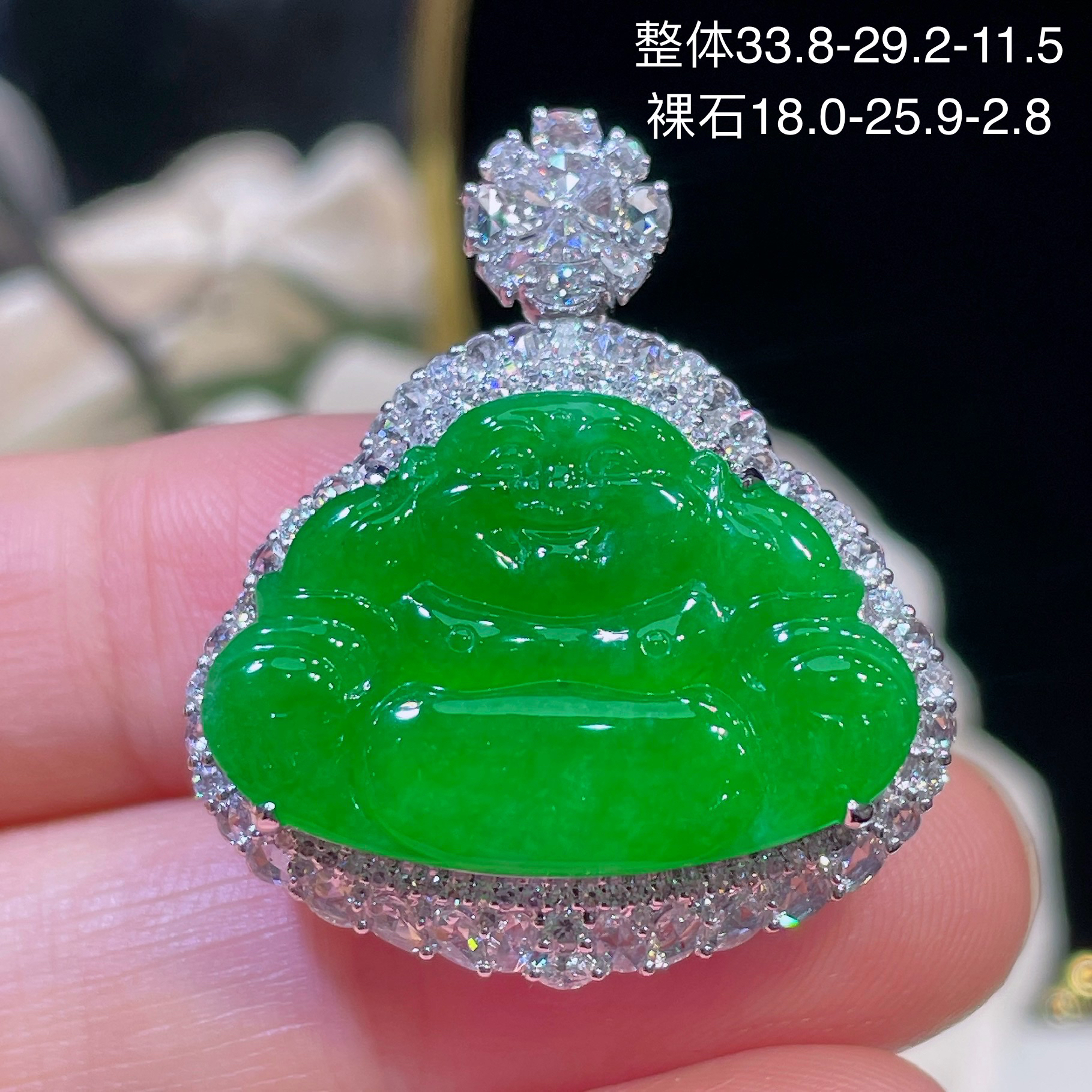 高端翡翠天然缅甸A货18k金镶嵌钻石正阳绿辣绿色满绿佛公吊坠