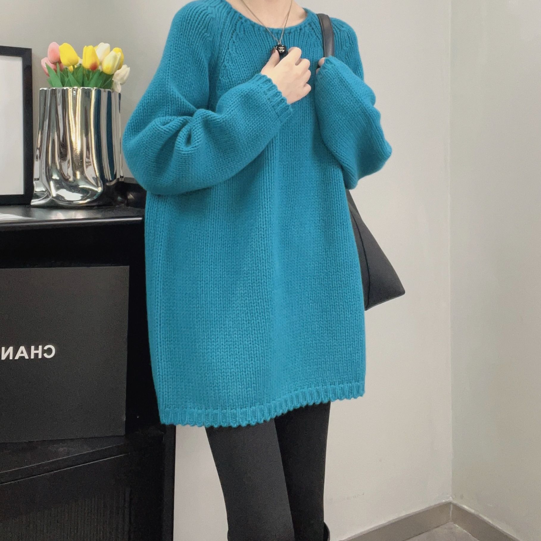 相菲一东大门加厚圆领宽松毛衣韩版慵懒风中长款套头全羊毛毛衣女