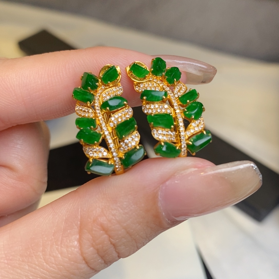 翡翠耳饰18K金镶嵌随形麦穗耳扣