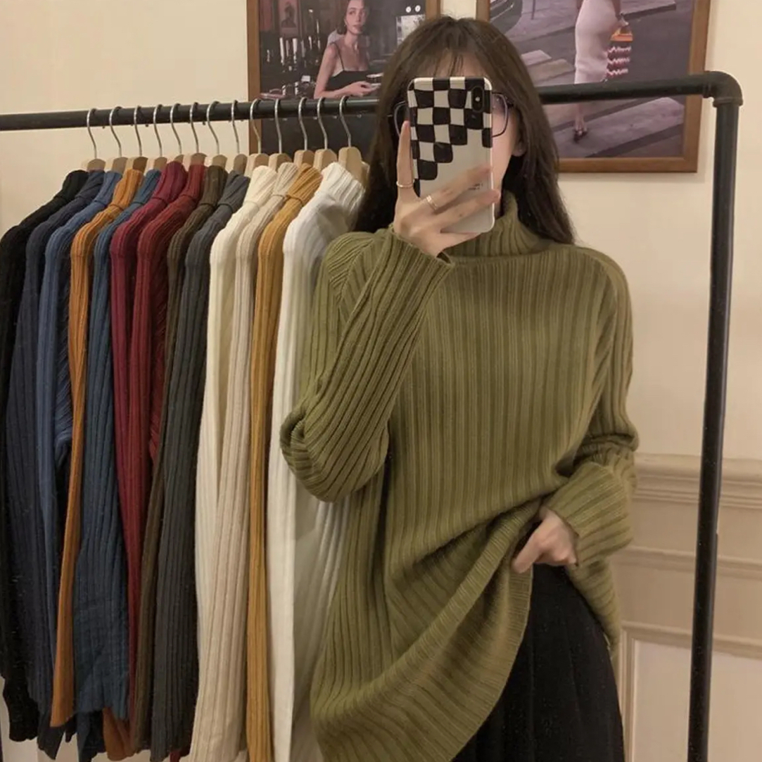 【80-190斤】中长款高领宽松显瘦百搭韩版慵懒秋冬网红针织毛衣气质