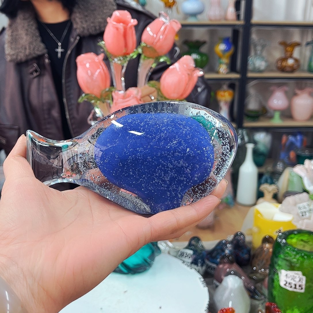 花***奴一对气泡鱼家悦琉璃工艺品