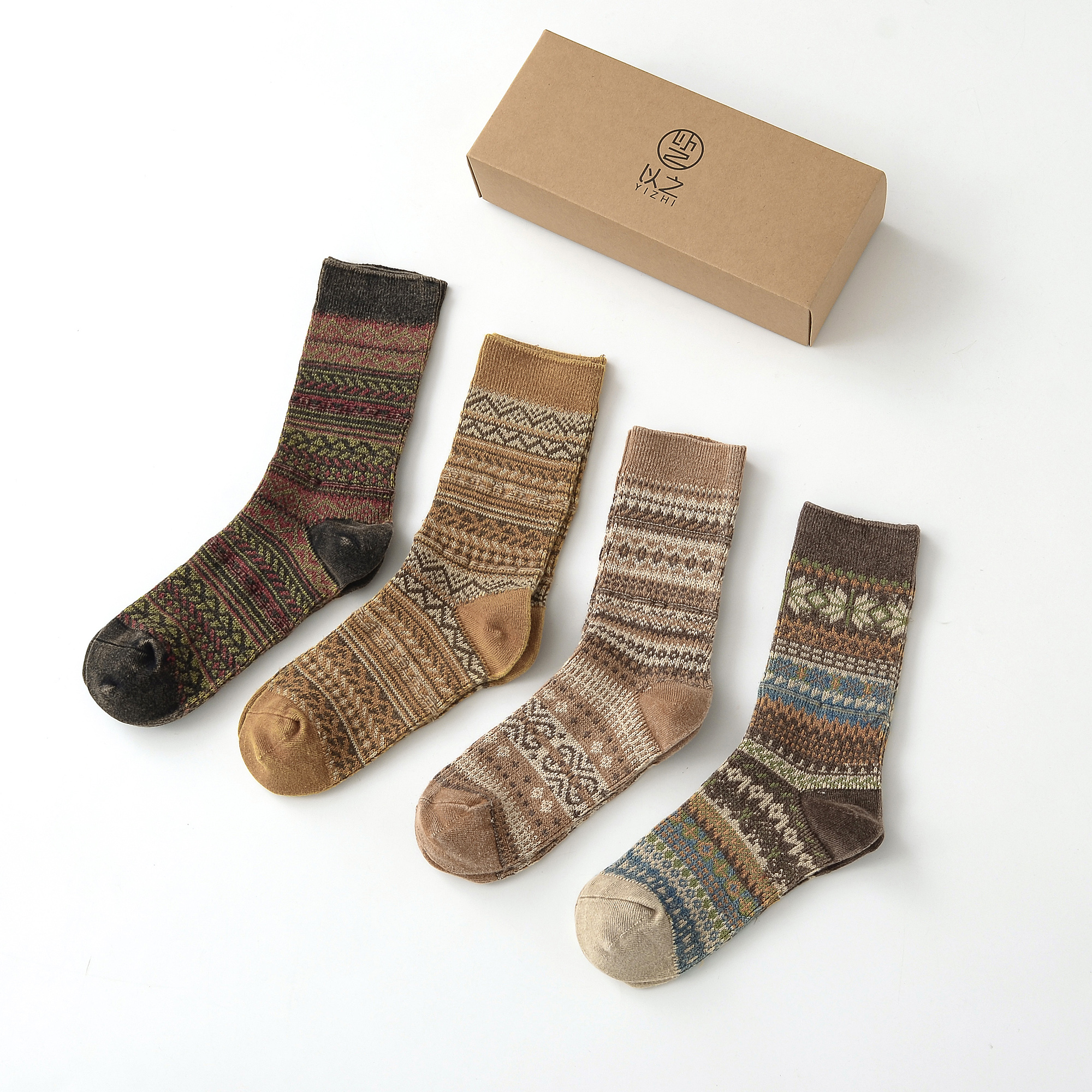 【以之】炒色复古双针双路袜子女炒色民族风保暖秋冬高端中筒袜