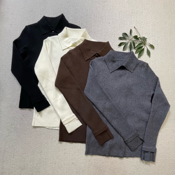 撞色翻领绵针织衫女秋季显瘦内搭打底衫长袖修身毛衣上衣