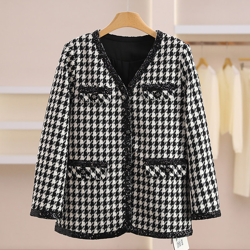 F8432-【菀】格纹珠片包边时尚毛呢外套#BPH58W068