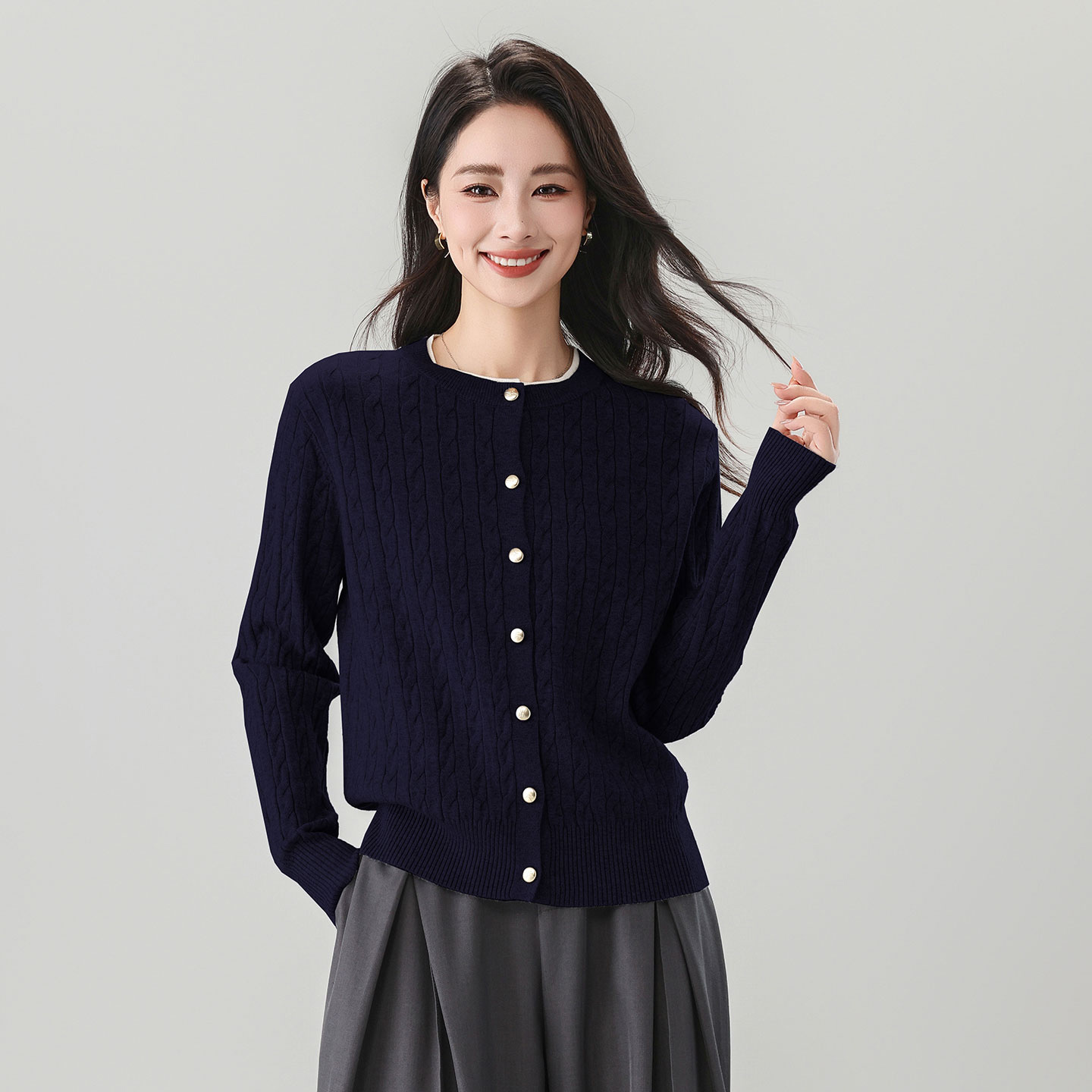 【麻花开衫】含羊毛圆领秋冬老钱风抗起球可机洗针织开衫女士打底衫