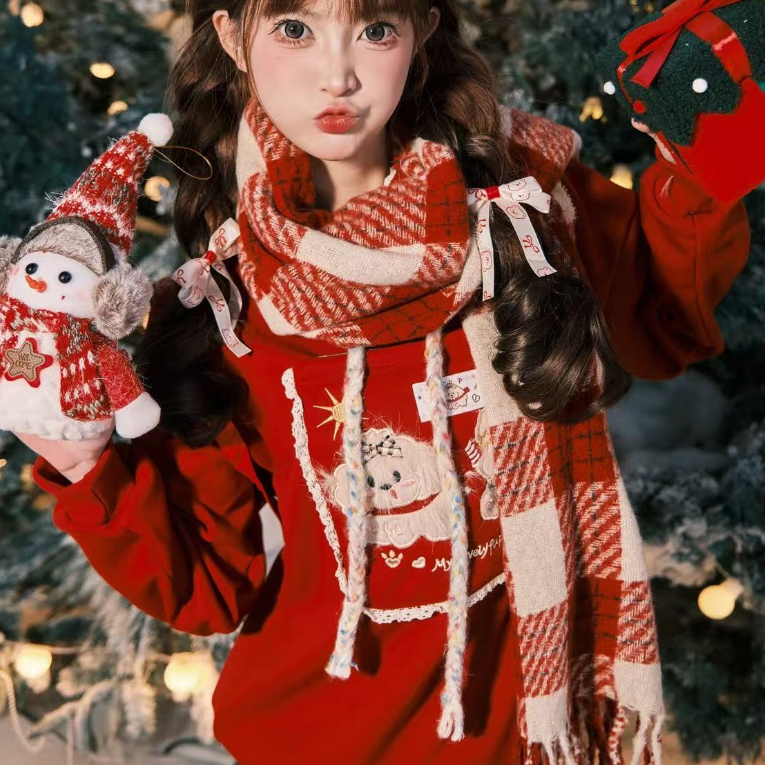 红色口袋小狗彩绳格纹连帽加绒卫衣，！！！实物以直播间为准！！！