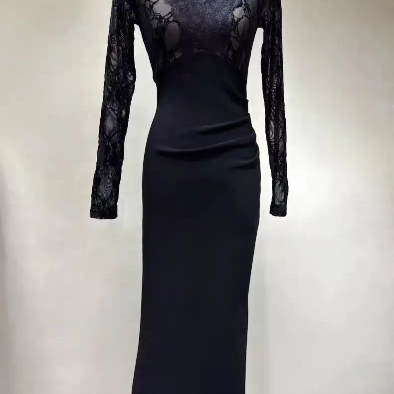 御姐风蕾丝拼接长袖连衣裙女秋冬气质收腰显瘦性感包臀内搭长裙