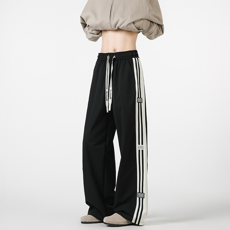 PLQV新款2025美式大码撞色织带长裤百搭宽松垂感抽绳高街直筒运动