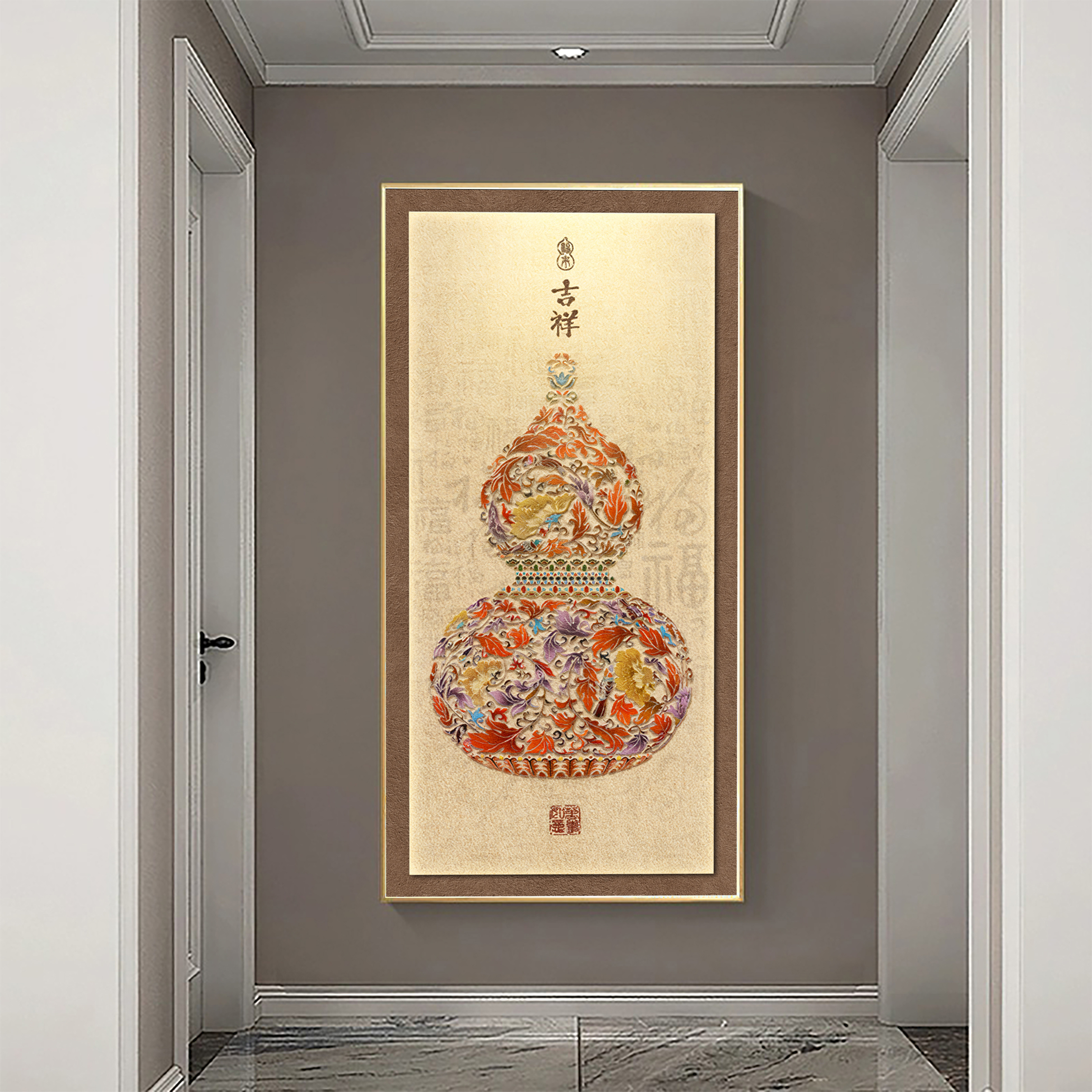 新中式带灯玄关晶瓷装饰画竖版走廊寓意好壁画过道背景墙福字挂画