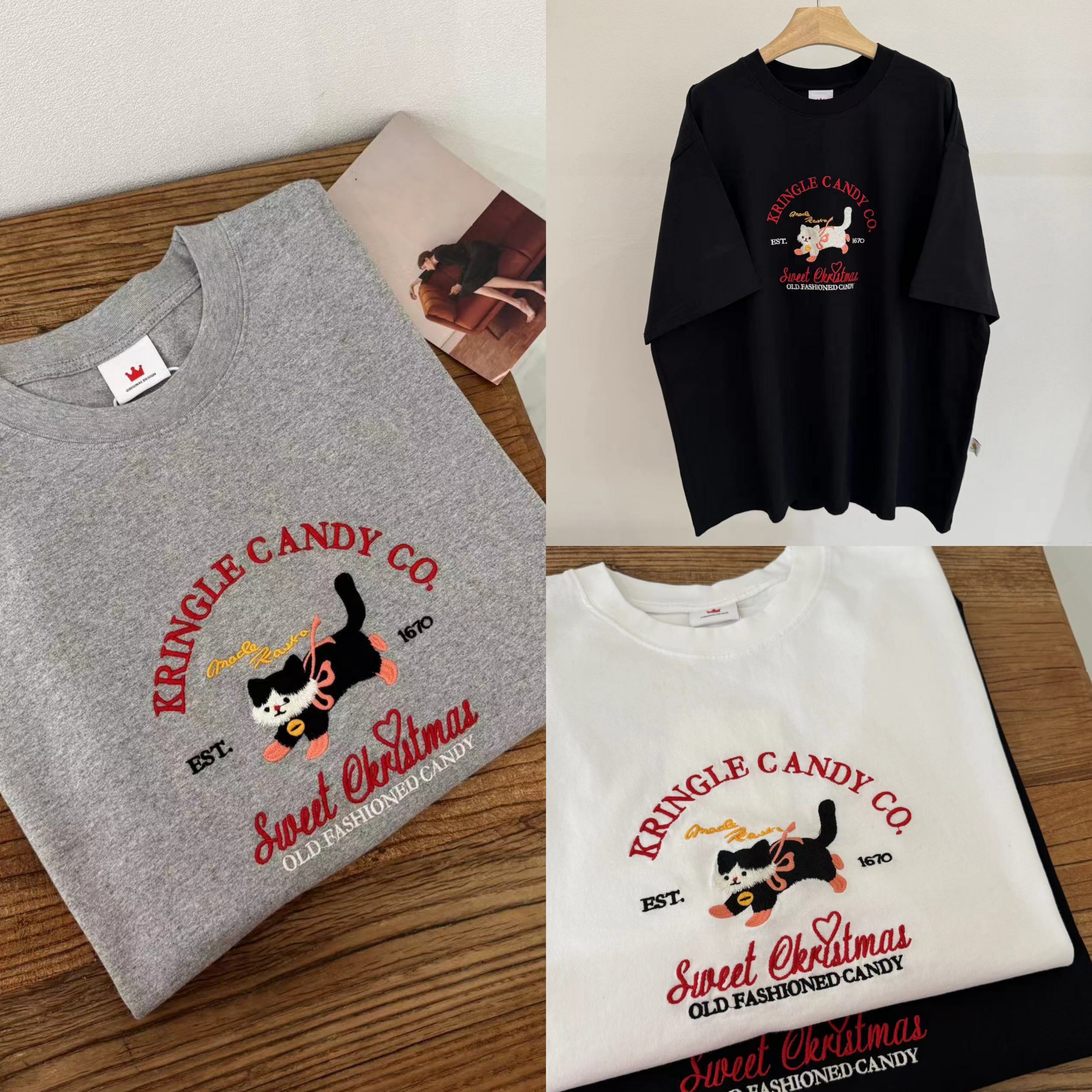 【穿靴子的猫】宽松短袖T恤卡通刺绣休闲百搭上衣夏季情侣韩版