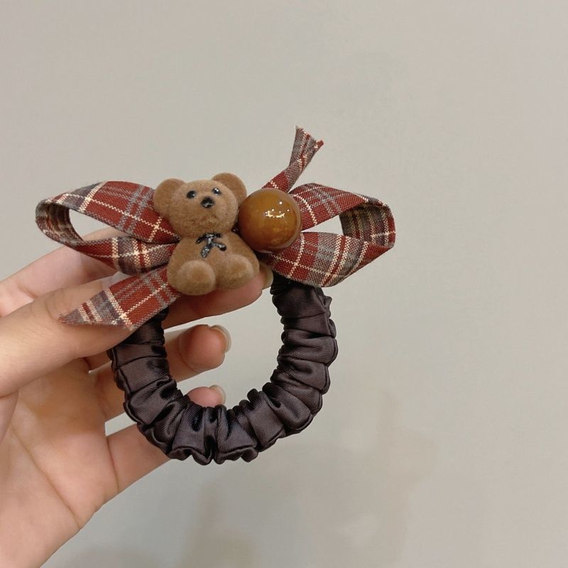 时尚格纹蝴蝶结发绳卡通扎丸子头绳ins儿童新款可爱小熊发圈皮筋