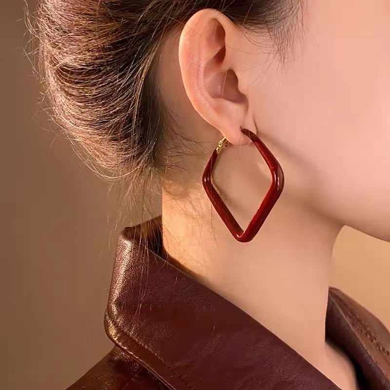 合金耳饰 朋克风复古菱形简约几何图案红色耳饰耳环小众日韩