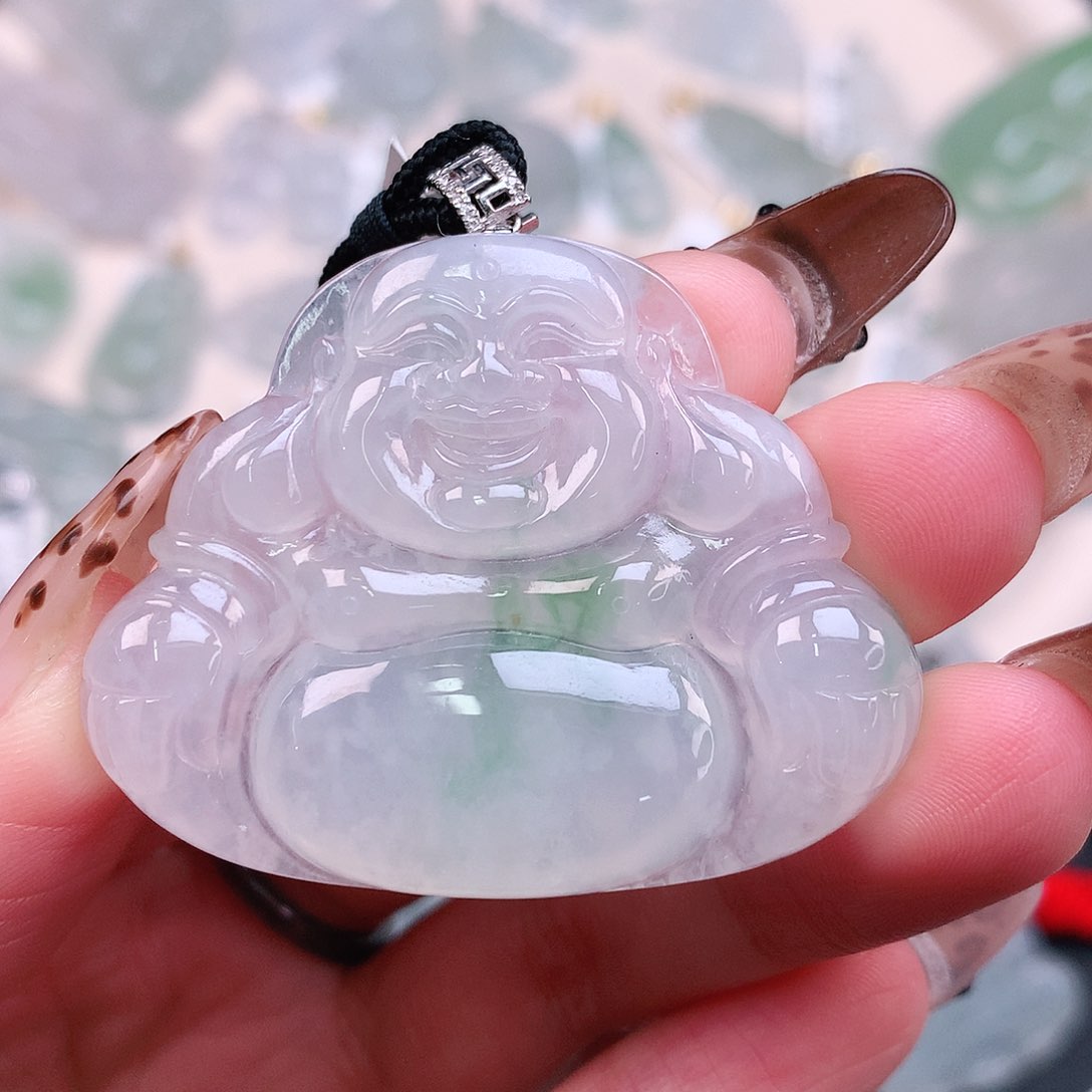 翡翠颈饰18K金镶嵌飘花佛43、36、45.5、6