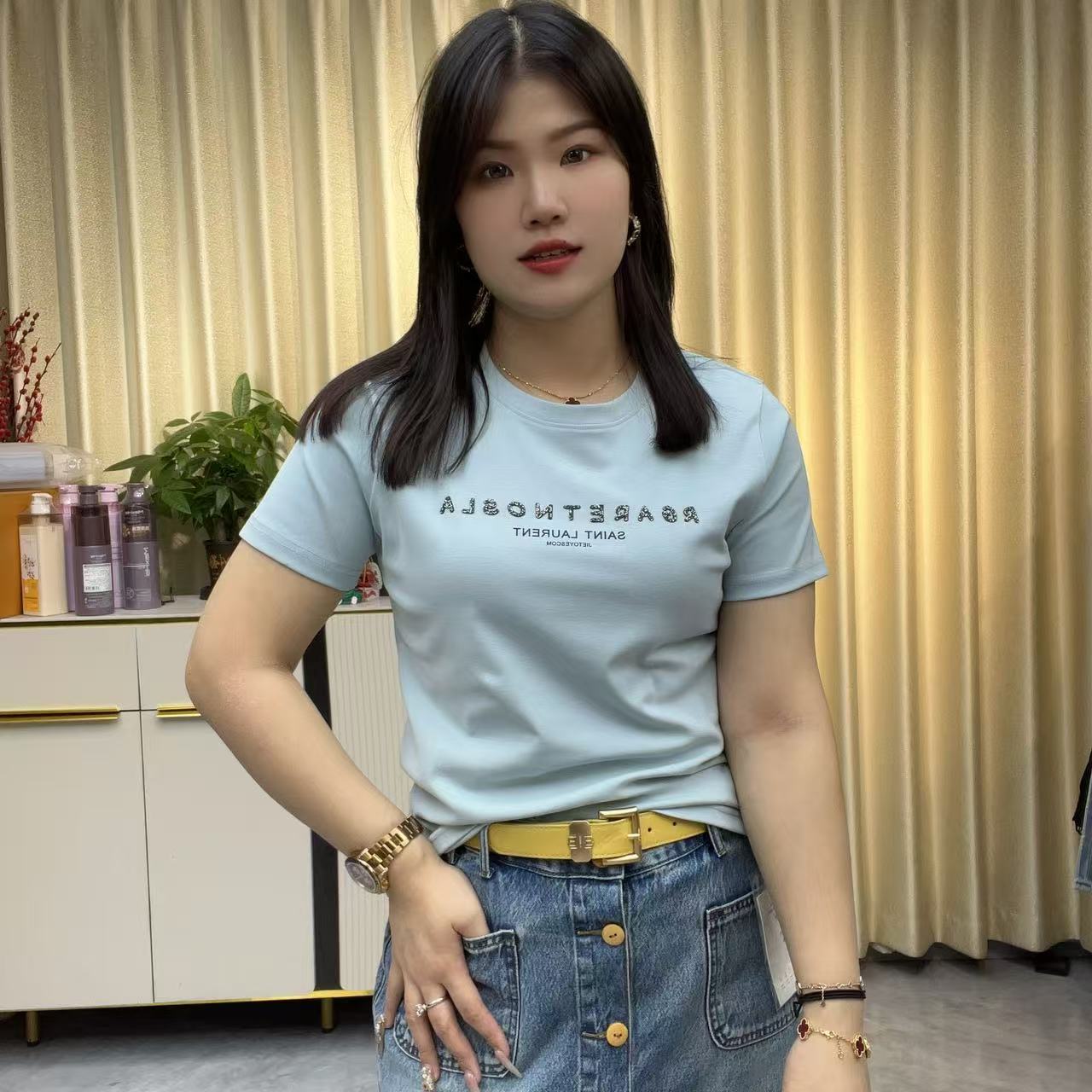 小鑫肝@现货浮力字母烫钻圆领时尚百搭休闲T恤 852