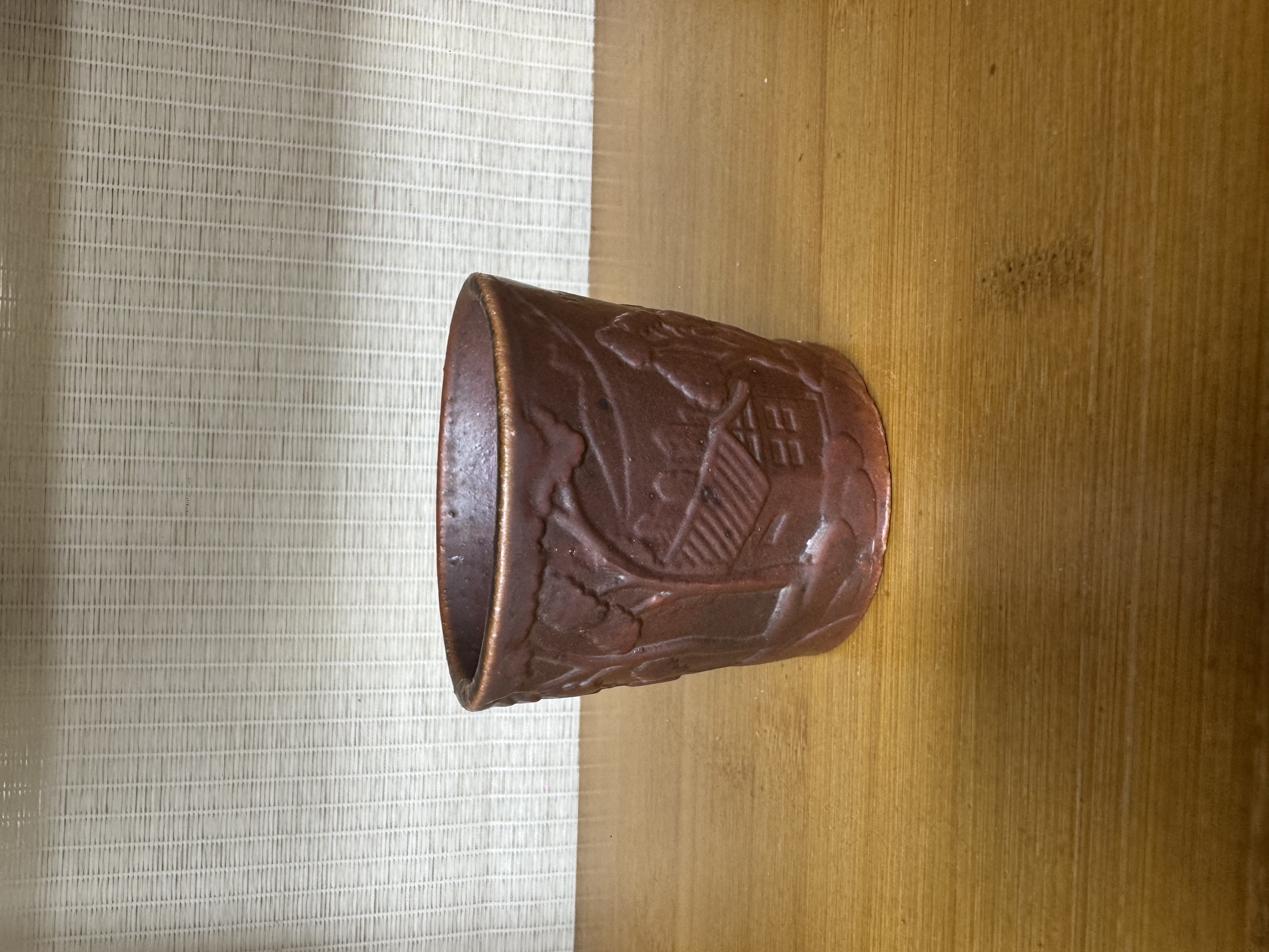 璟晟柴烧全手工浮雕山水人家茶杯大容量品茗杯个人专用火彩主人杯