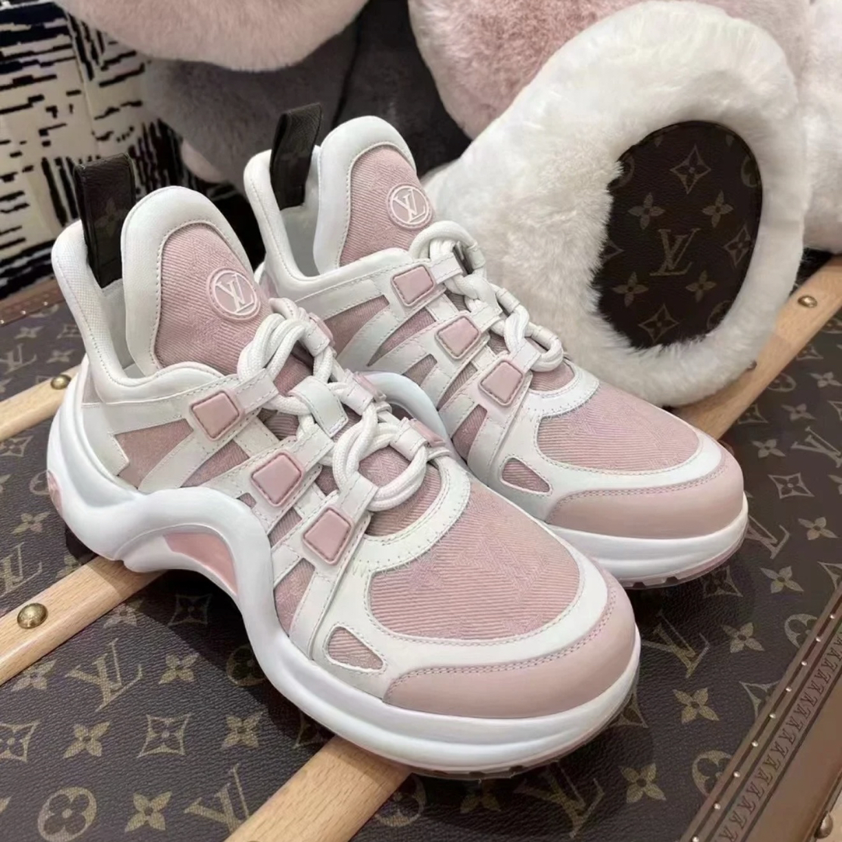 未使用 LouisVuitton/路易威登 37-38码 粉老花牛皮革满印老爹鞋