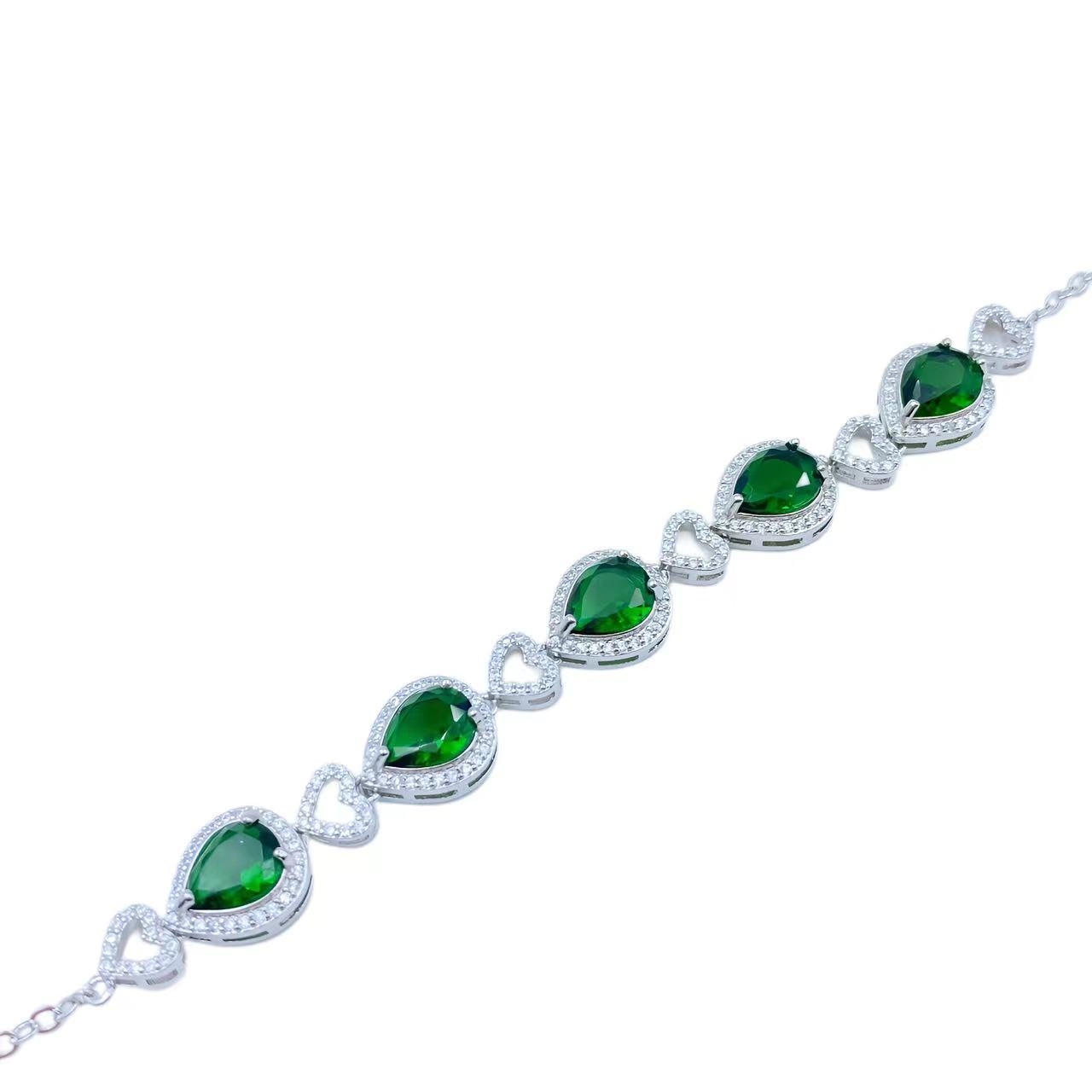 祖母绿满钻轻奢爱心鸽子蛋手链S950（合成培育）合金