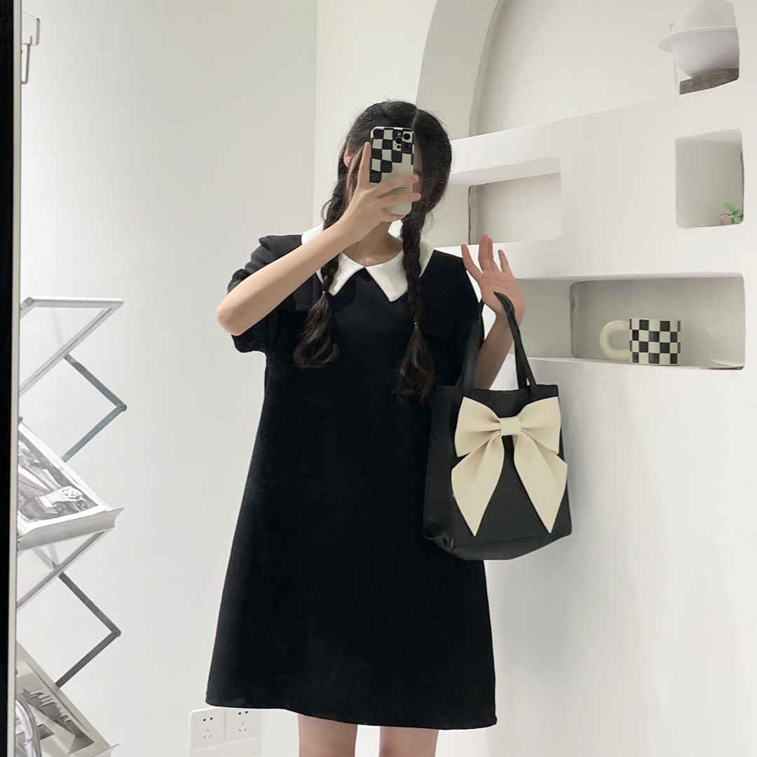 A4991小香翻领宽松百搭显瘦泡泡袖连衣裙不挑身材巨好看超显瘦连