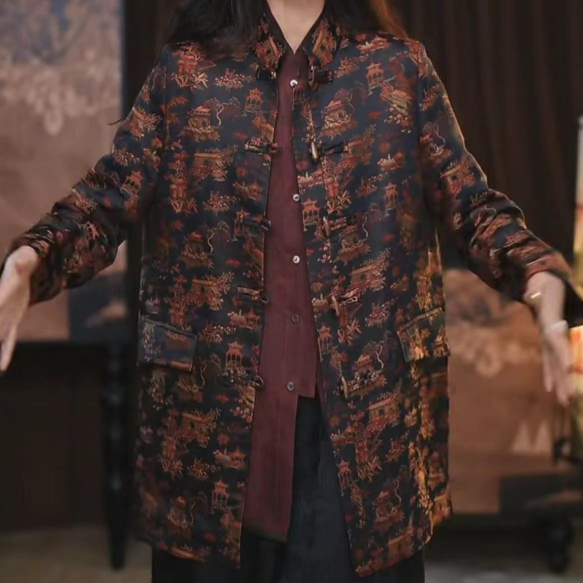 【柒赫】 宋锦新中式手绘提花复古显瘦春夏季宽松国风花色短款上衣