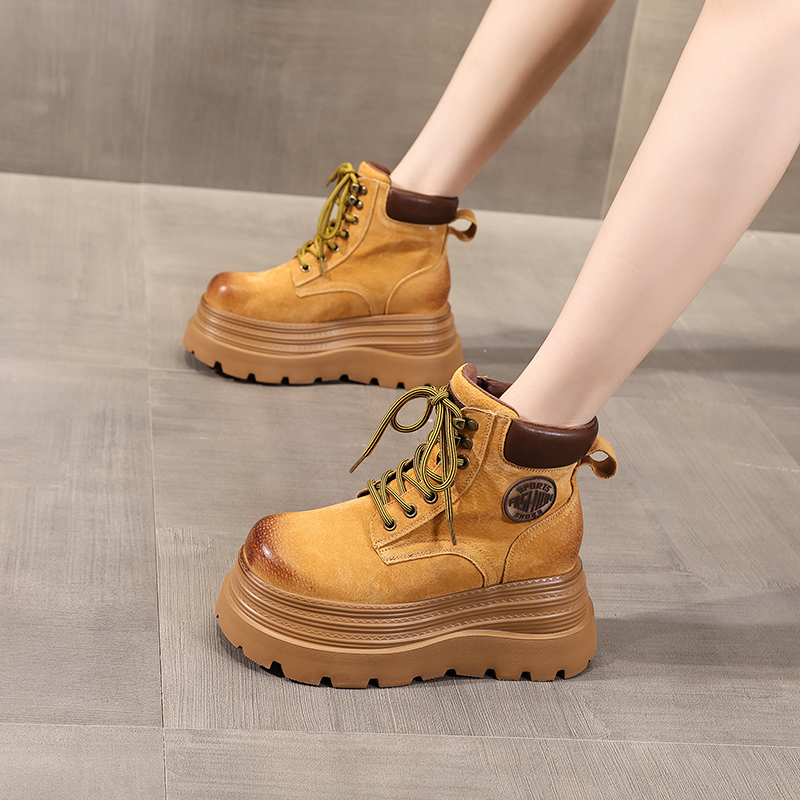 1027-5厚底平增高靴子透气马丁靴女英伦风机车靴高帮真皮靴子