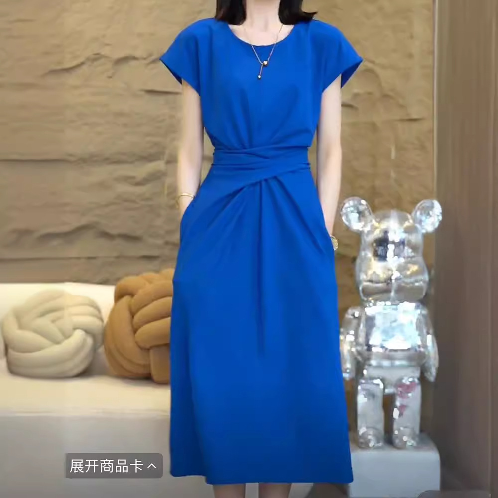 Z气质绑带收腰短袖连衣裙女2025夏季设计感休闲显瘦中长款T恤裙子