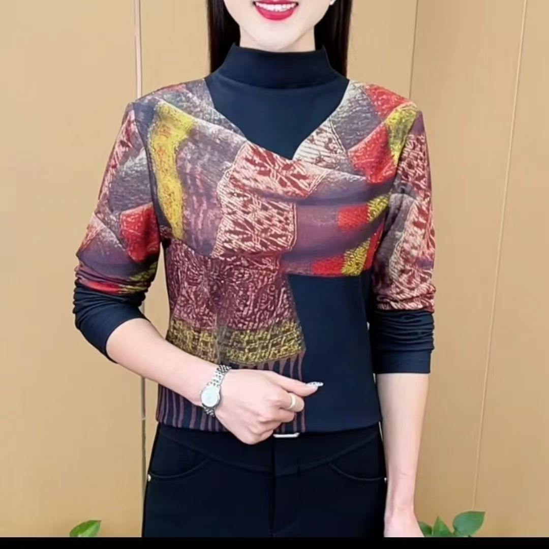 大码女装洋气打底衫印花半高领百搭上衣遮肚子减龄长袖女