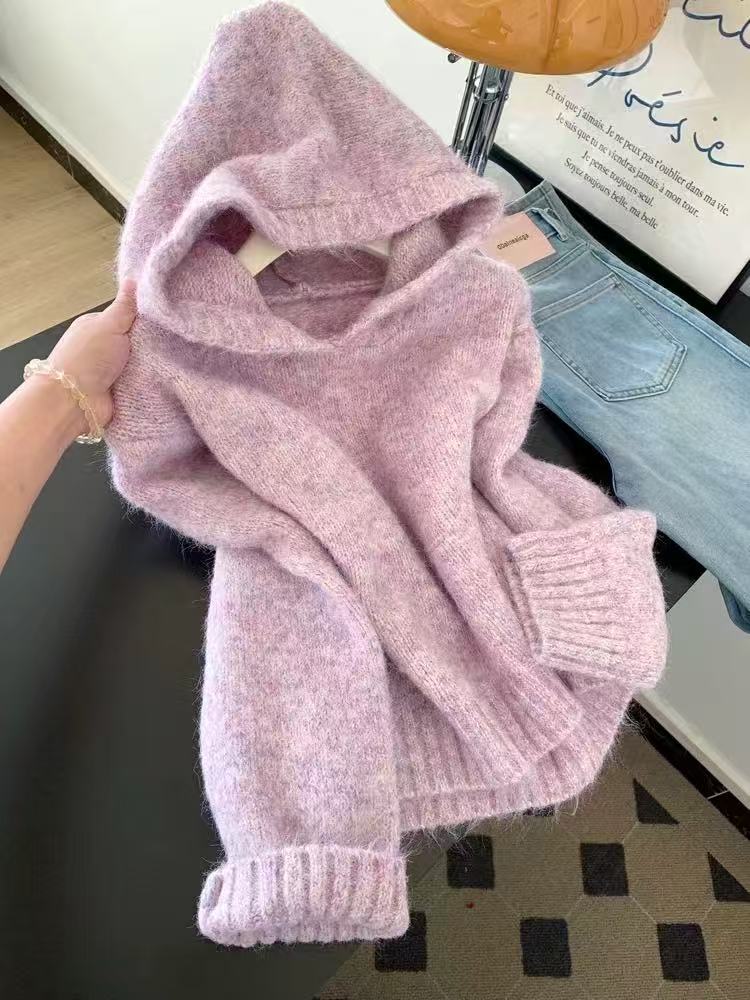 慵懒风连帽冬季厚款针织毛针织衫保暖秋冬毛衣衫