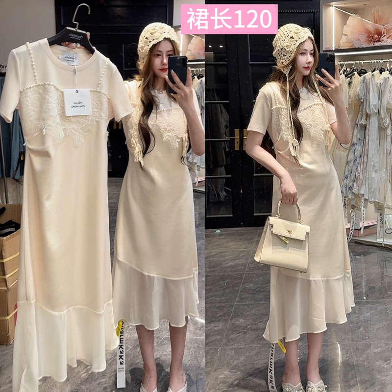 CharmKaKa  【白茶清欢】62407假两件珍珠蕾丝拼接荷叶边连衣裙