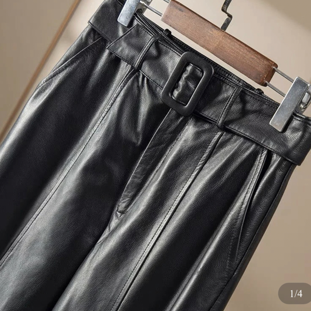 真皮牛皮阔腿裤女高腰宽松显瘦休闲百搭直筒长裤头层牛皮