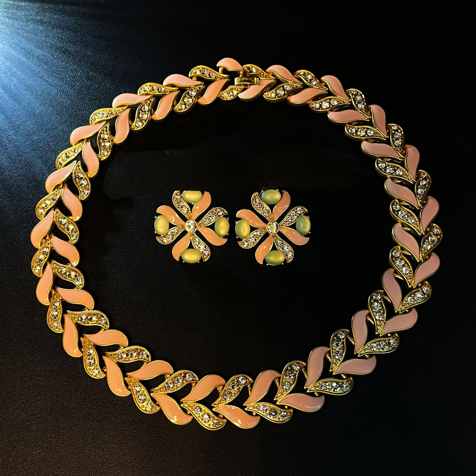 铜合金珐琅耳饰 欧美中古vintage麦穗拼接耳钉项链镶钻气质饰品