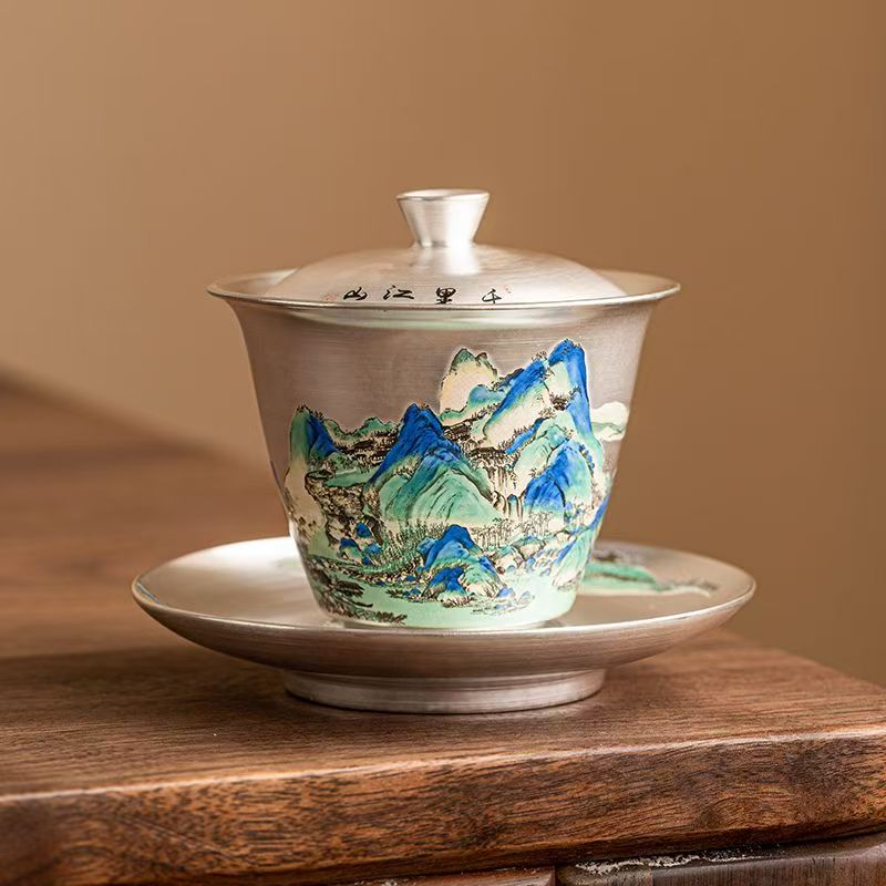 千里江山999银盖碗茶杯套装 新中式高档功夫茶具1027