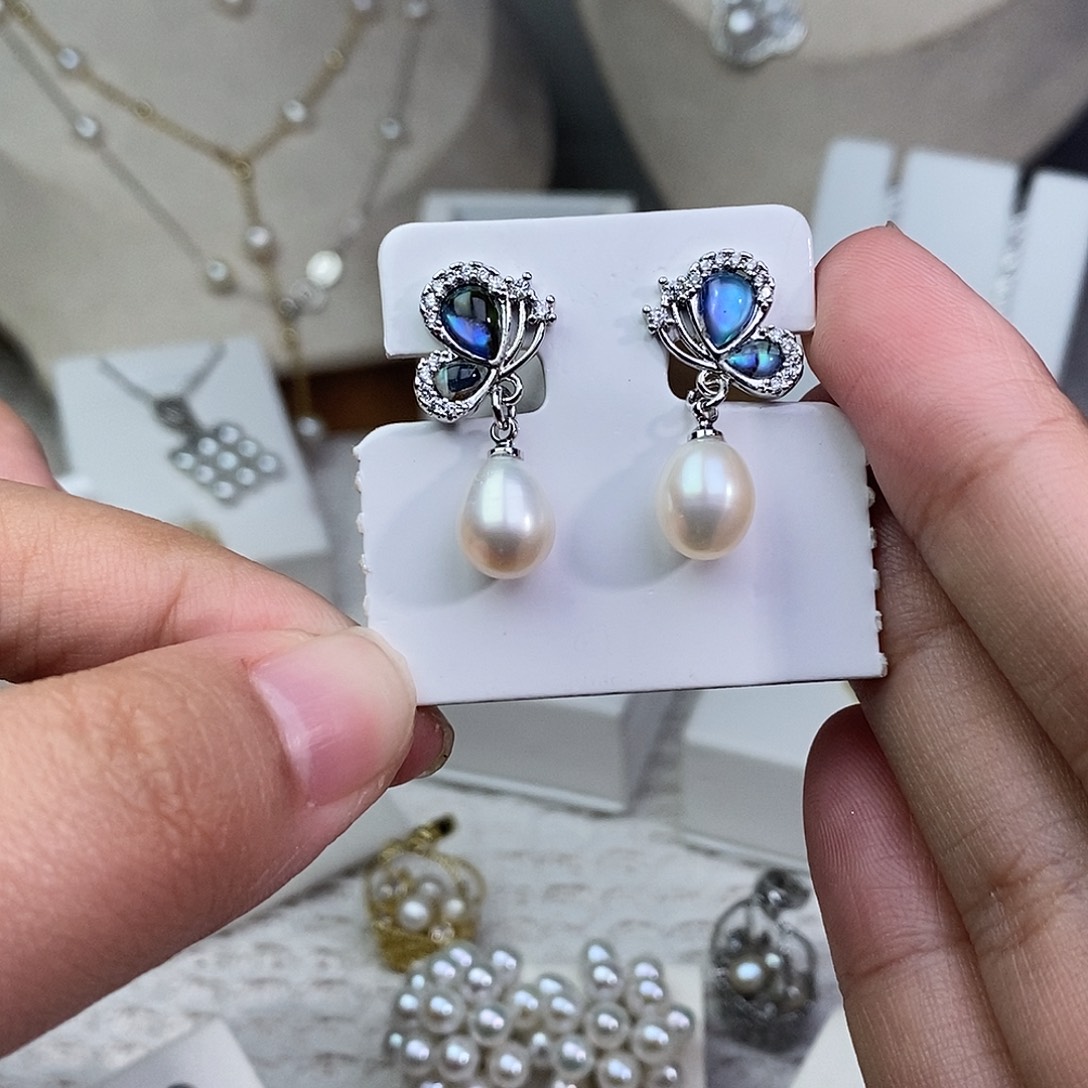 耳饰银S925镶嵌淡水珍珠