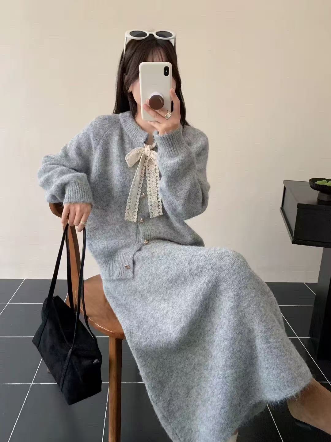 蕾丝系带开衫+半身裙高档两件套2025秋冬新款羊驼绒高质量套装裙