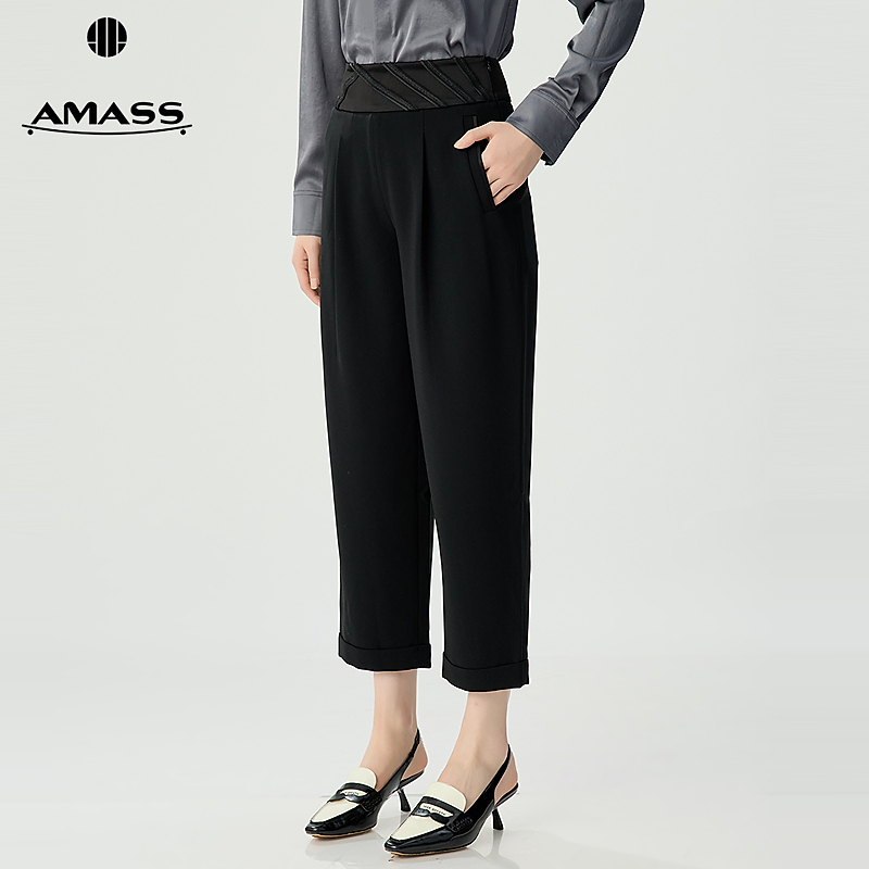 阿玛施AMASS 品质女装经典百搭质感宽腰头侧拉链设计烟管裤510005