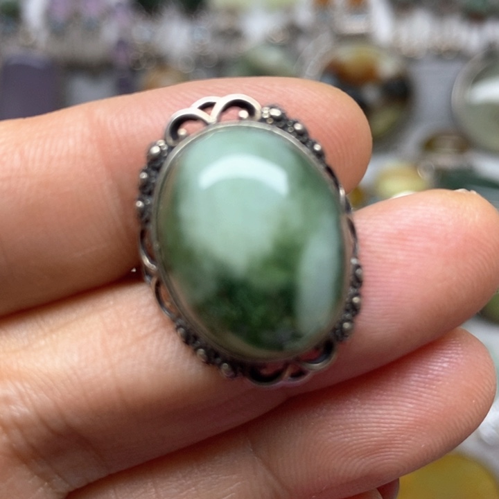 蛇纹石玉戒指银S925镶嵌